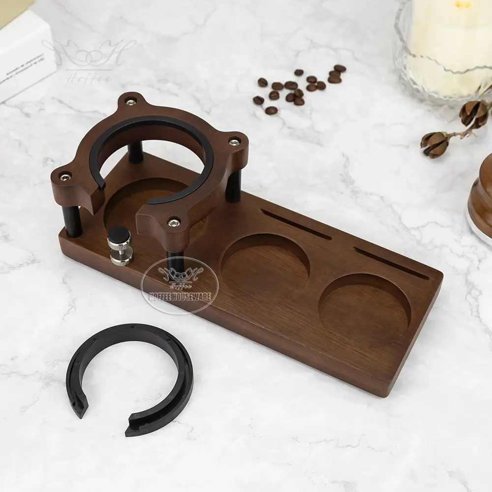 Multi-function 515458mm Sapele Wood Espresso Portafilter Holder Stand with Coffee Tamper Distributor Station