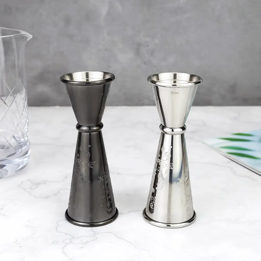 3D Etched Stainless Steel Japanese Double Spirit Measure Cocktail Jigger with 1oz/2oz Markings