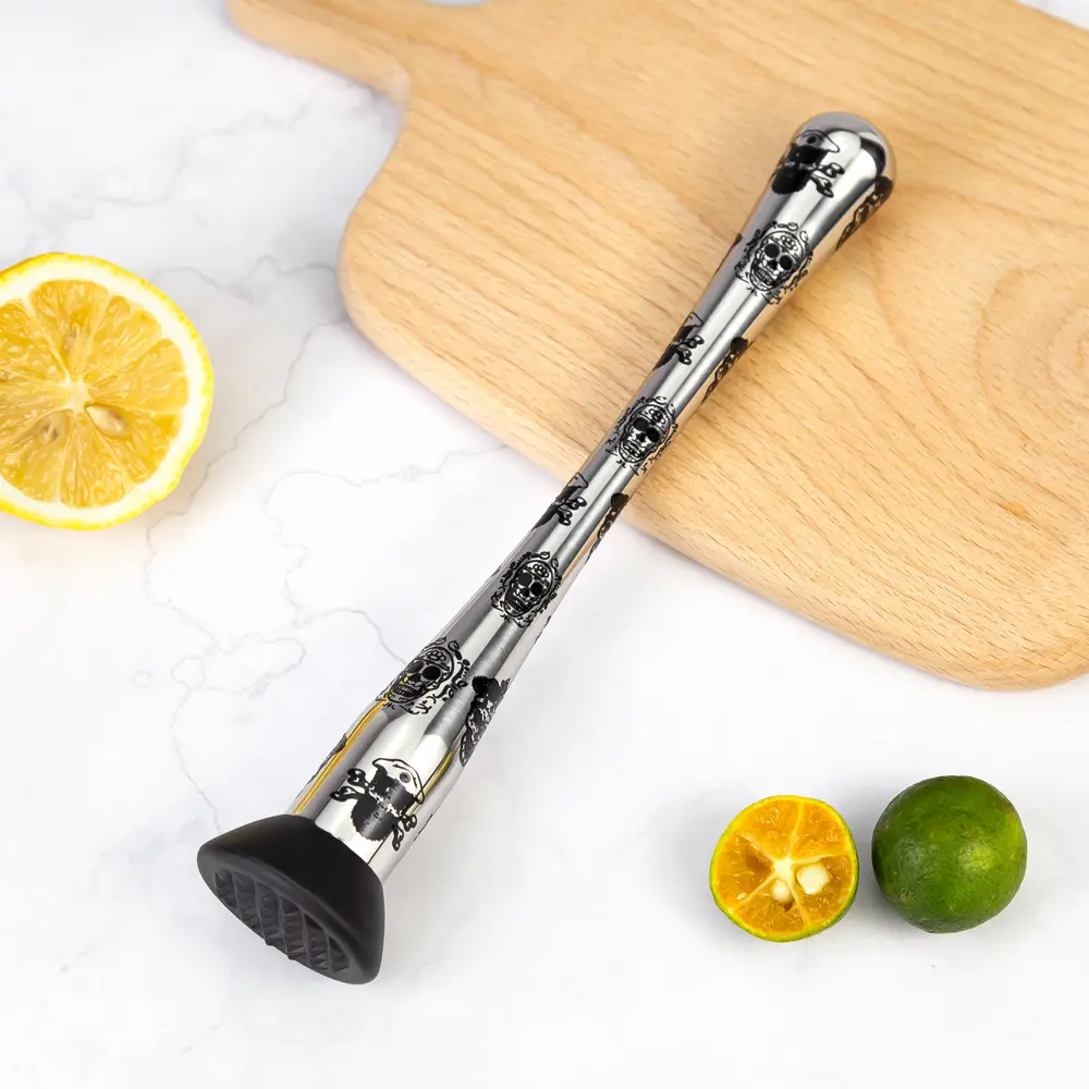 Skull Etching Waist Cinched Stainless Steel 18/8 Bar Pestle Ice Crushing Rod Fruit Mash Stick