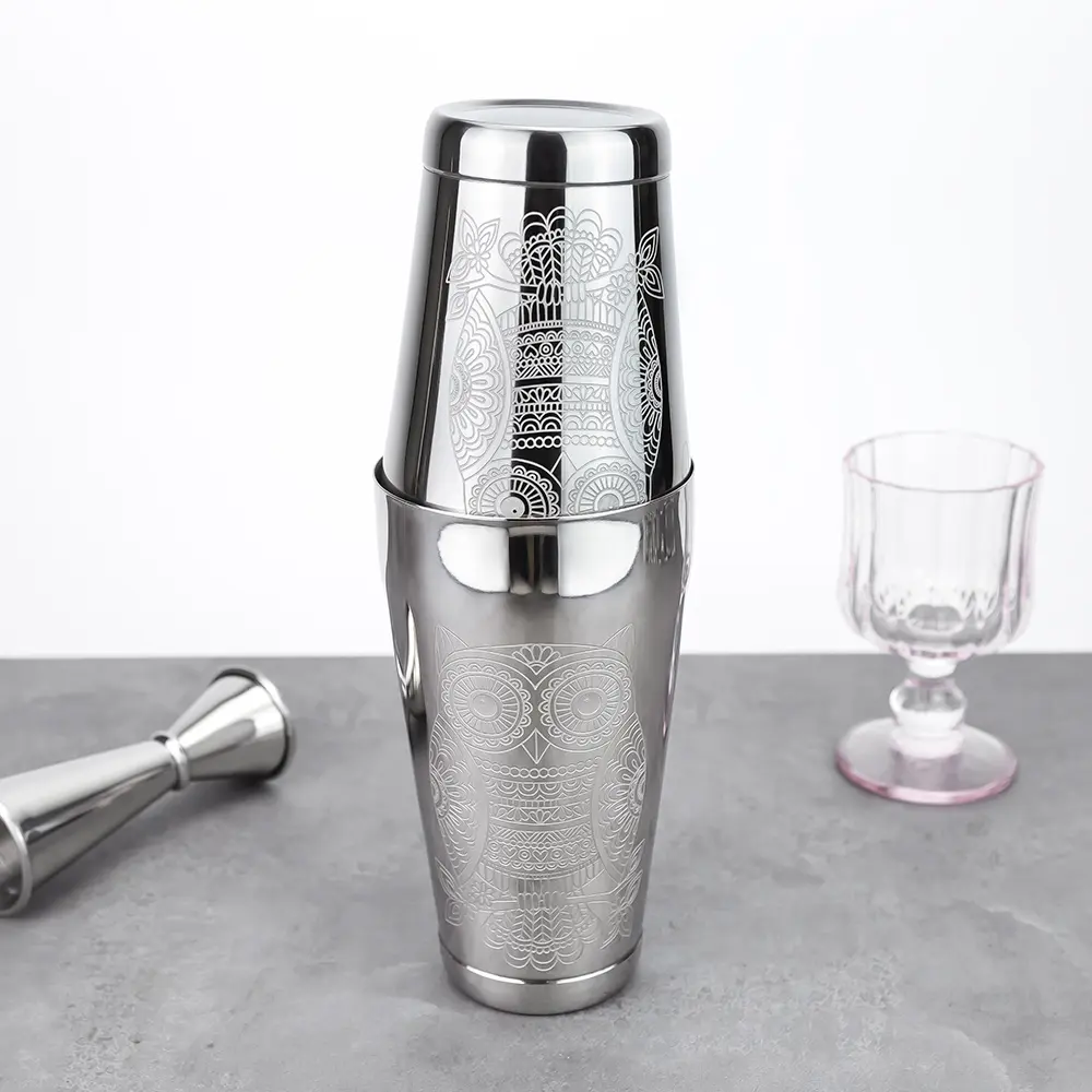 Silver Etched Pattern Owl Boston Shaker (5).jpg