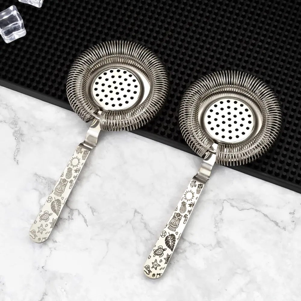 Tiki Themed Tropical Style Bent Handle Stainless Steel 18/8 Hawthorne Strainer