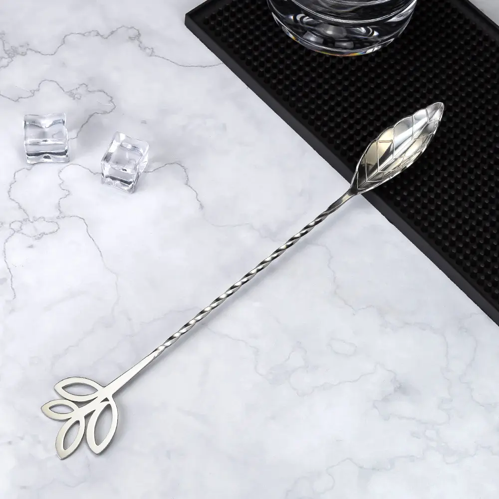 Leaf Shape Spiral Handle Bartender Cocktail Mixing Spoon