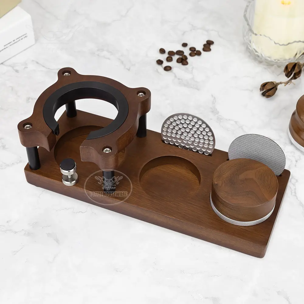 Multi-function 51/54/58mm Sapele Wood Espresso Portafilter Holder Stand with Coffee Tamper Distributor Station