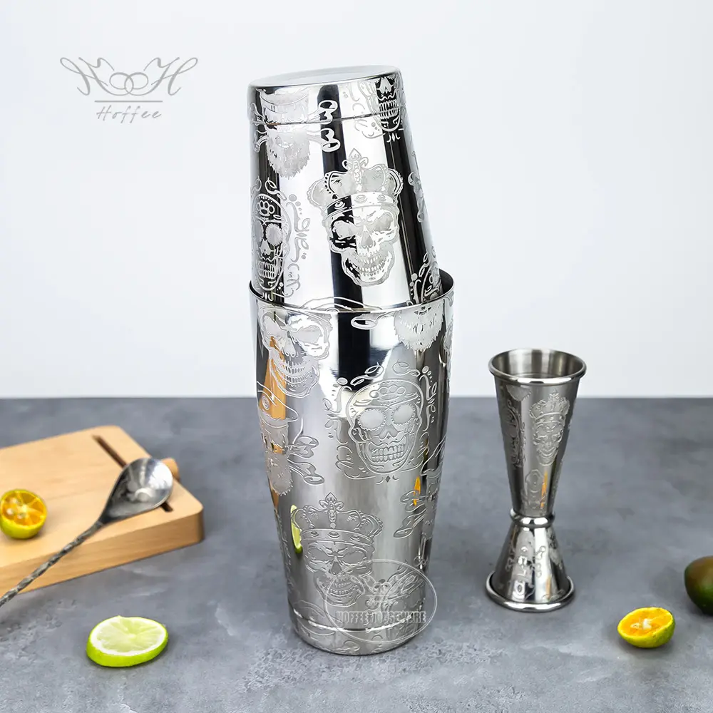 5-Pieces Etching Pattern Stainless Steel Boston Cocktail Shakers Set (10)