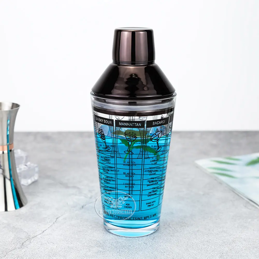 500ml 3-Pieces Glass Cocktail Cobbler Shaker with Printing Scales