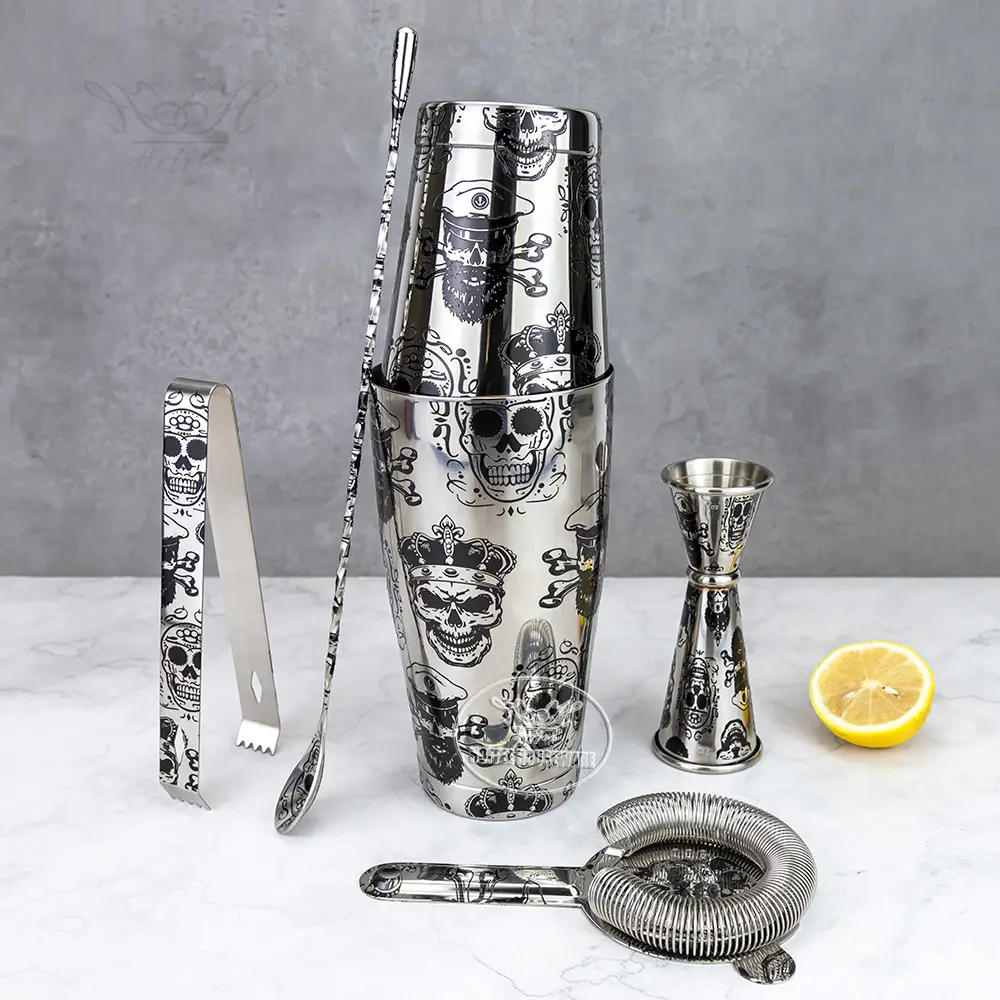 5-Pieces Etching Pattern Stainless Steel Boston Cocktail Shakers Set (9)