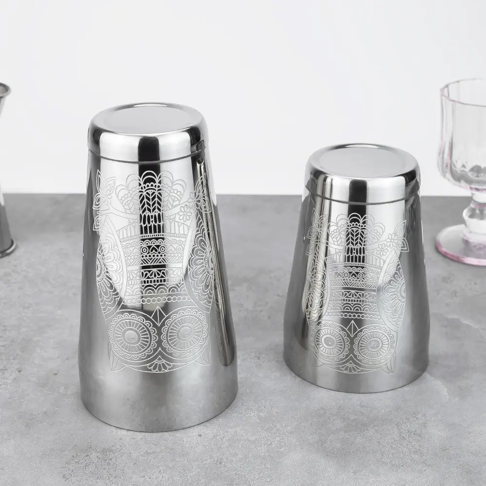 Silver Etched Pattern Owl Boston Shaker (3).jpg