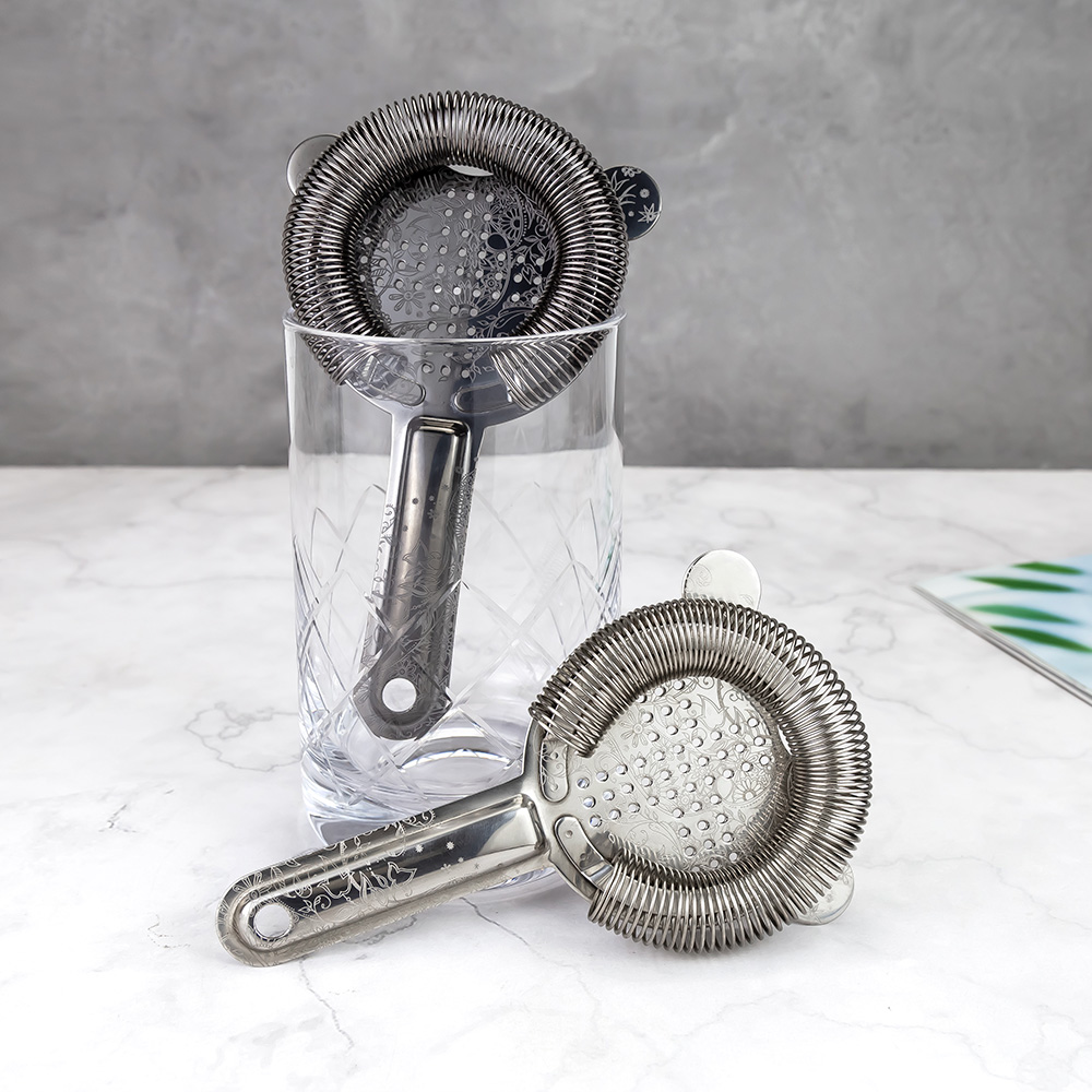 Elegant Floral Engraved Dual Spring 304 Stainless Steel Hawthorne Strainer