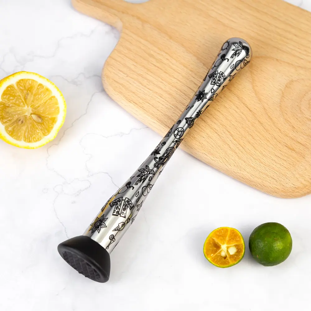 Tiki Style Engraved Narrow Handle Stainless Steel Cocktail Fruit Pestle Ice Muddler