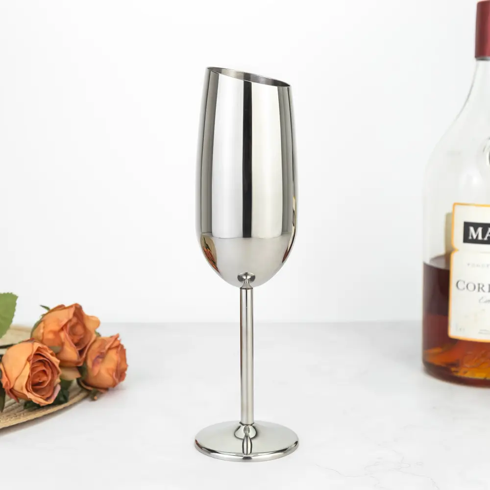 Elegant 250ml Stainless Steel Slanted Bowl Long Stem Champagne Flute Sparkling Wine Glass
