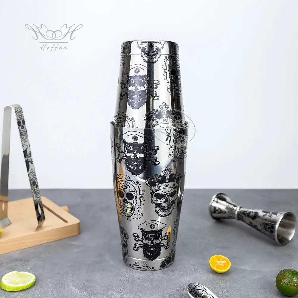 5-Pieces Etching Pattern Stainless Steel Boston Cocktail Shakers Set (11)