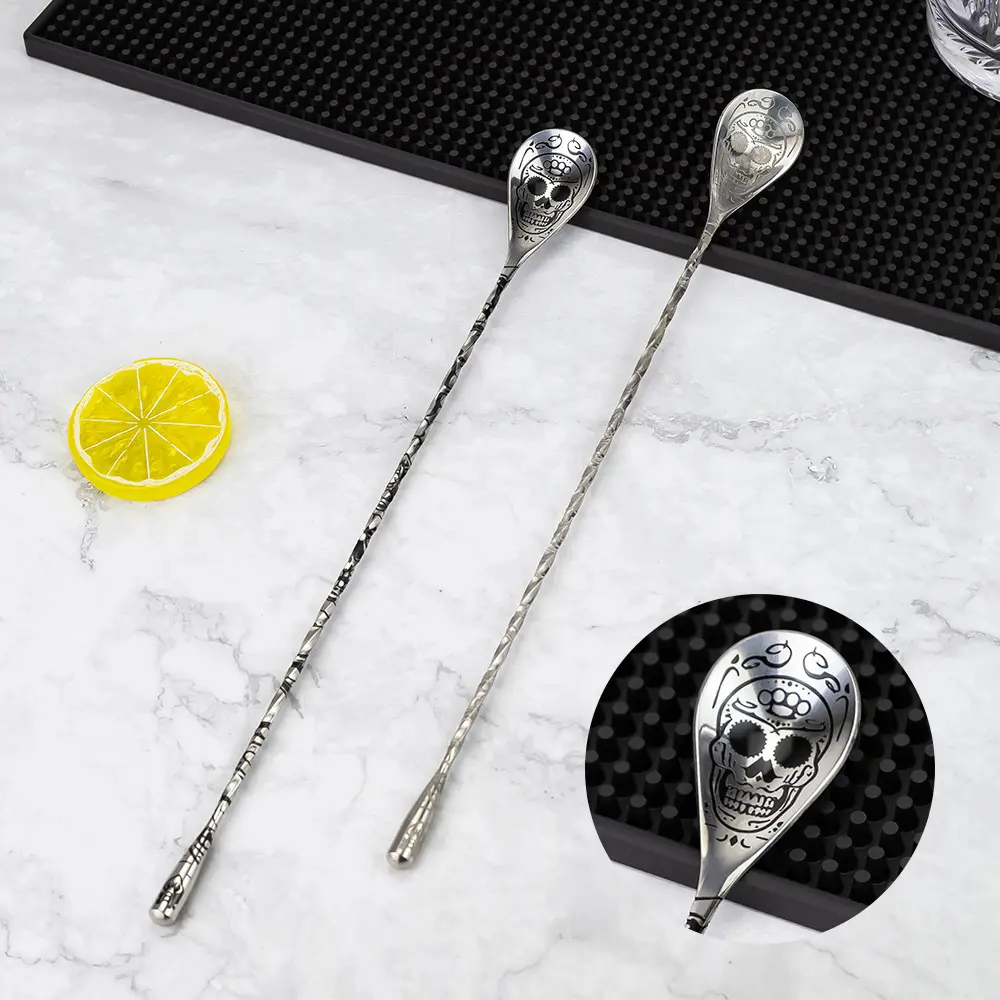 Skull Ethced Pattern 12 Inch Spiral Bar Cocktail Mixing Spoon