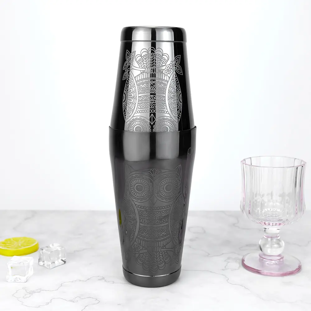 Owl Engraved PVD Coating Stainless Steel 18/8 Boston Shaker Tins