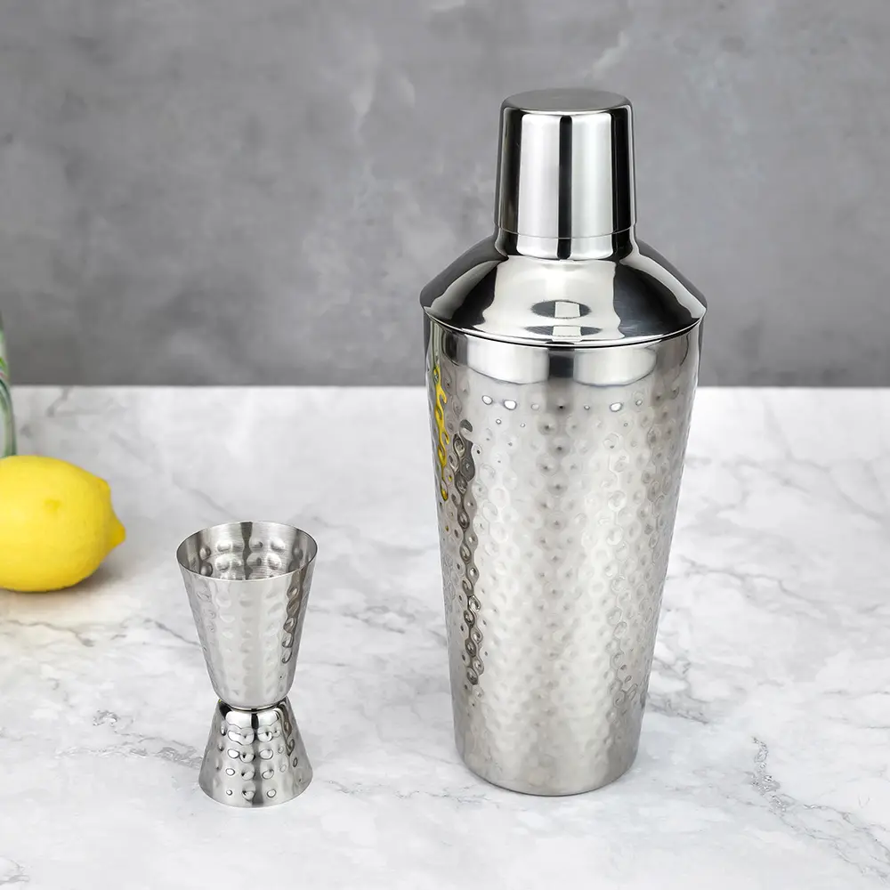Hammered Bartender Wine Mixing Cobbler Shaker Set With Double Sided Jigger