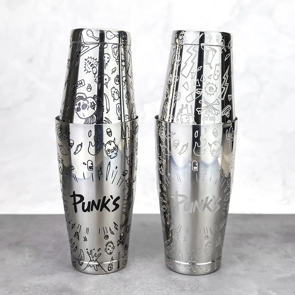 Punk Style Etched Pattern 850+550ml Stainless Steel Boston Shaker