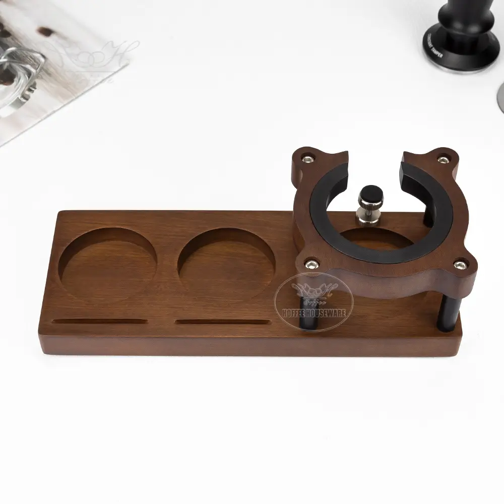 Multi-function 515458mm Sapele Wood Espresso Portafilter Holder Stand with Coffee Tamper Distributor Station (2)