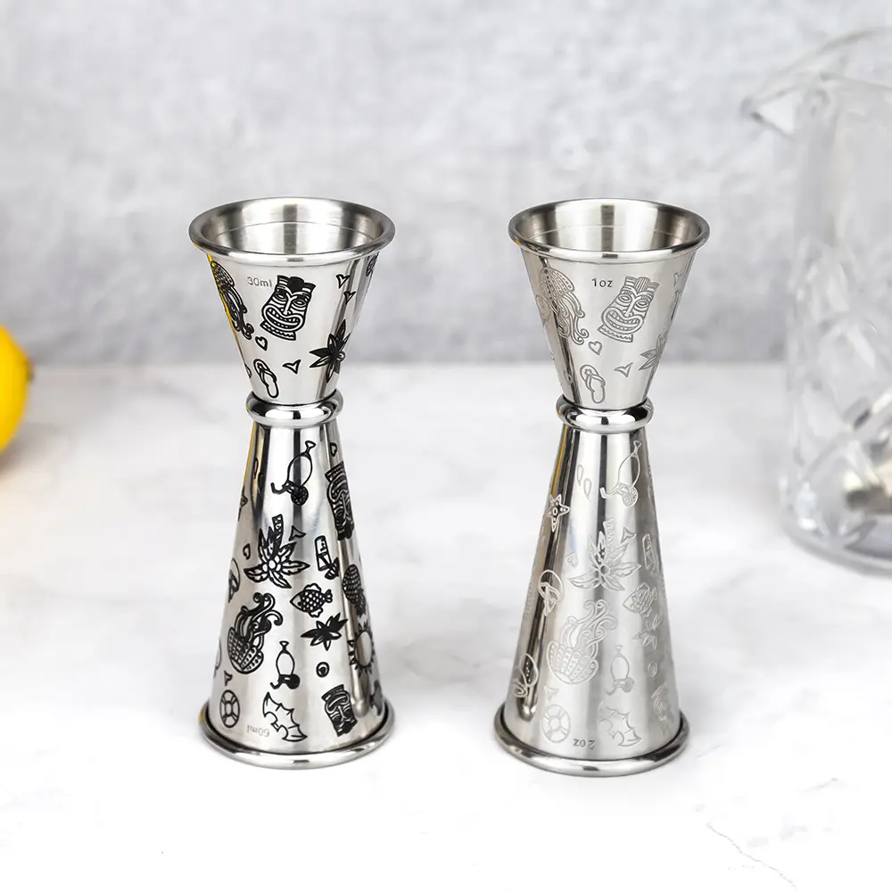 Tiki Etching 1OZ+2OZ Stainless Steel 18/8 Double Sided Cocktail Jigger