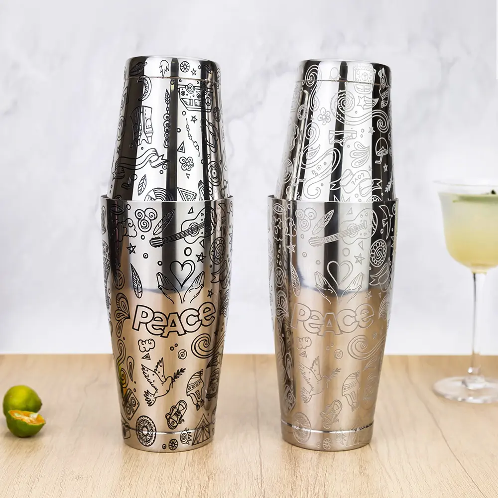 Peace & Love Theme Engraved 18/8 Stainless Steel 550+850ml Boston Shaker Tins